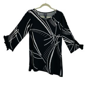 Clara Sunwoo Tunic Size Small Black White Print Slinky Ruffle Sleeves Lagenlook